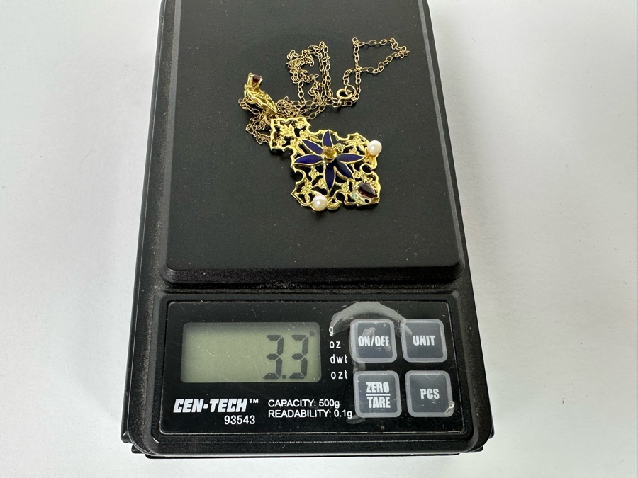 14K Gold Garnet, Citrine, Pearl & Enamel Pendant With 9K Gold 17' Chain Necklace 3.3g [Photo 17]