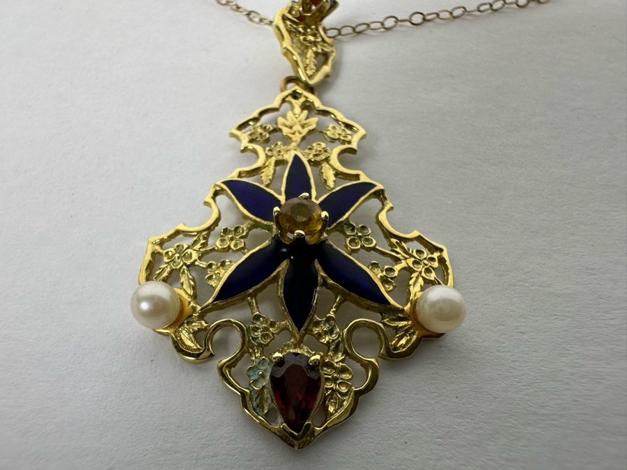 14K Gold Garnet, Citrine, Pearl & Enamel Pendant With 9K Gold 17' Chain Necklace 3.3g [Photo 13]
