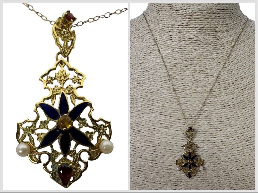 14K Gold Garnet, Citrine, Pearl & Enamel Pendant With 9K Gold 17' Chain Necklace 3.3g [Photo 1]