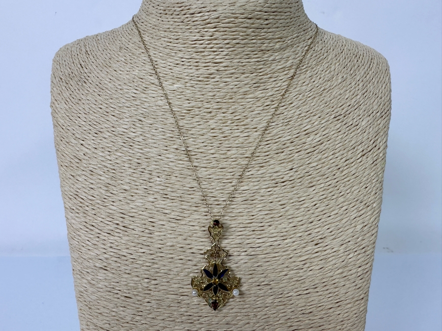 14K Gold Garnet, Citrine, Pearl & Enamel Pendant With 9K Gold 17' Chain Necklace 3.3g [Photo 5]