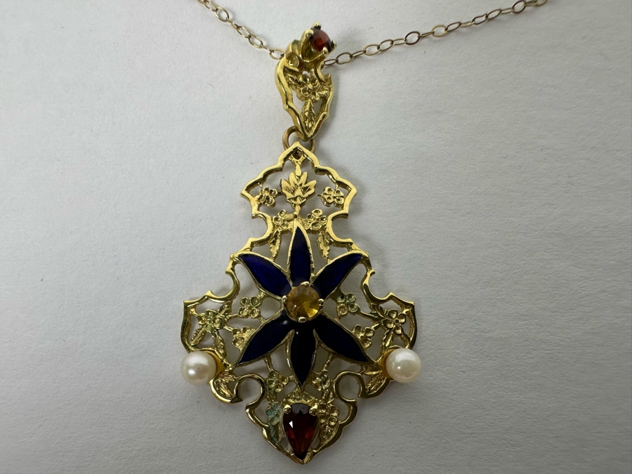14K Gold Garnet, Citrine, Pearl & Enamel Pendant With 9K Gold 17' Chain Necklace 3.3g [Photo 10]