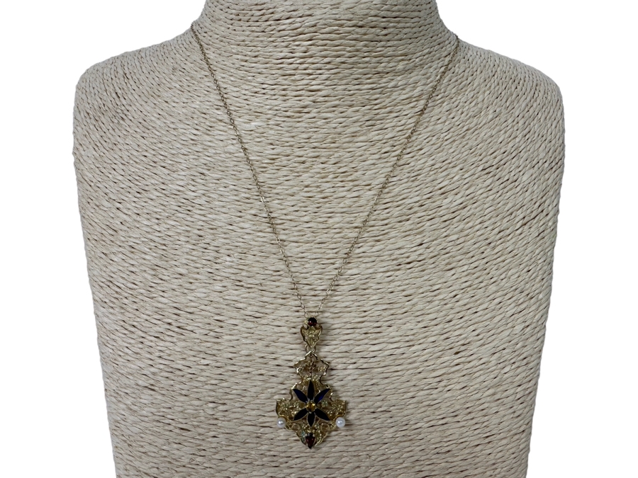 14K Gold Garnet, Citrine, Pearl & Enamel Pendant With 9K Gold 17' Chain Necklace 3.3g [Photo 3]