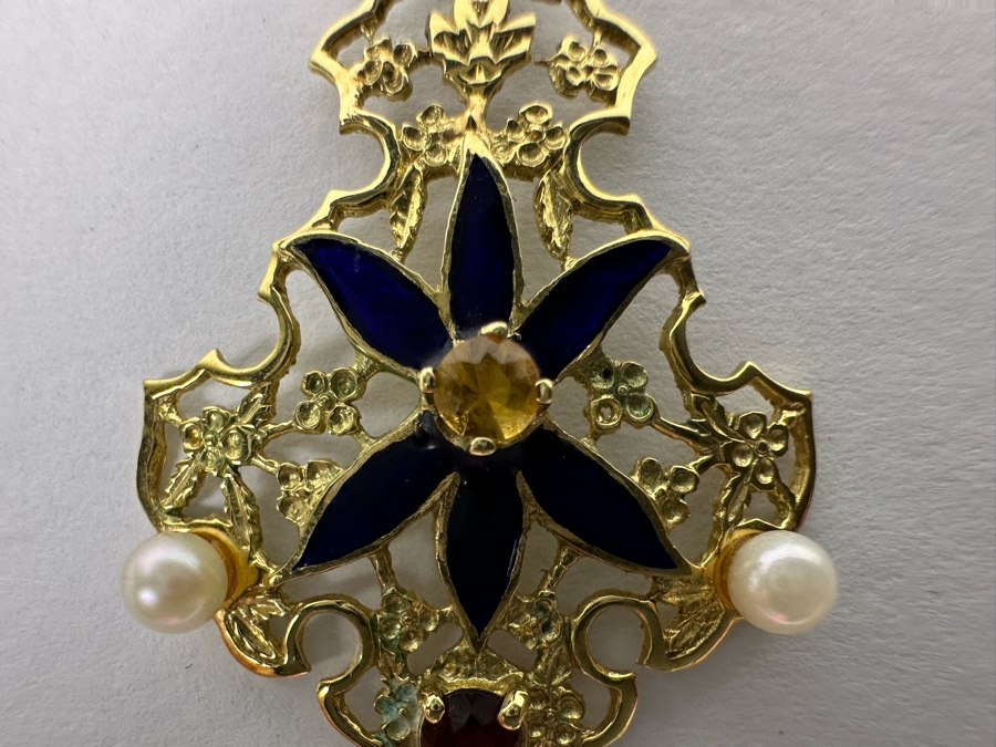 14K Gold Garnet, Citrine, Pearl & Enamel Pendant With 9K Gold 17' Chain Necklace 3.3g [Photo 11]