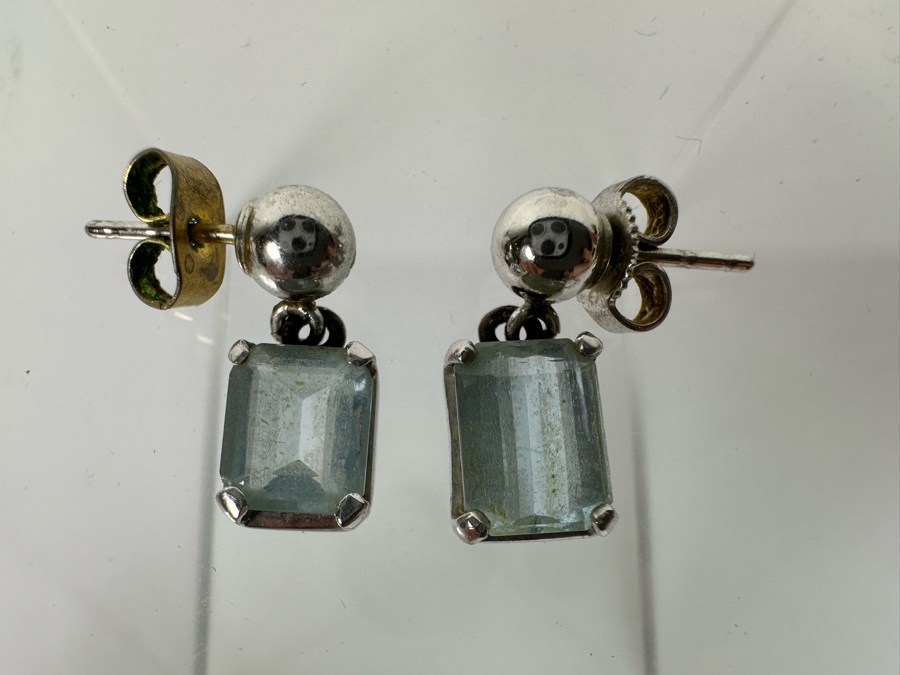 18K Gold Aquamarine Earrings With Silver (Non-Gold) Balls Dangle Backs 2.9g [Photo 3]