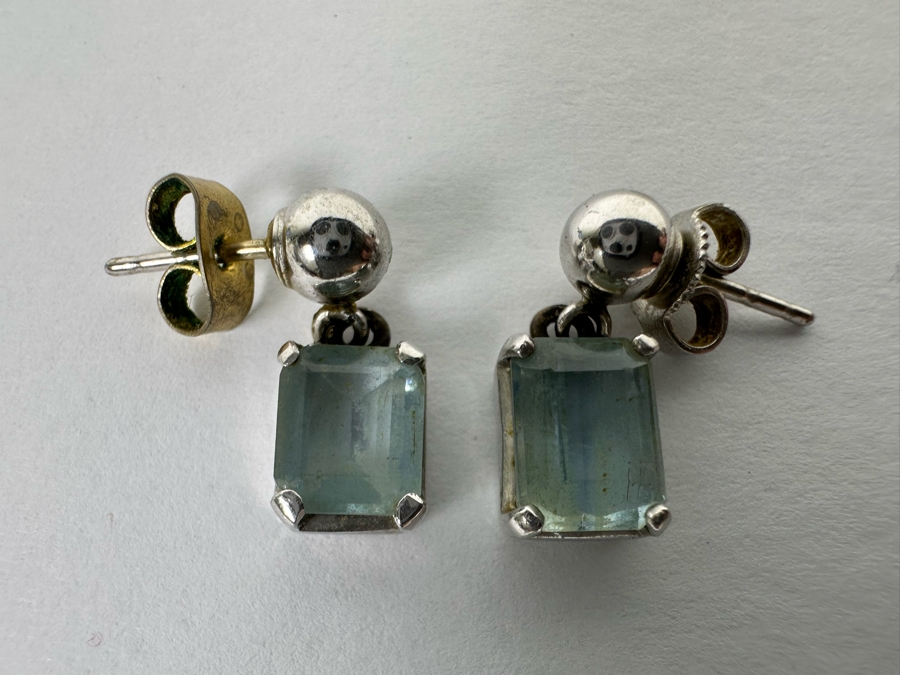 18K Gold Aquamarine Earrings With Silver (Non-Gold) Balls Dangle Backs 2.9g [Photo 7]