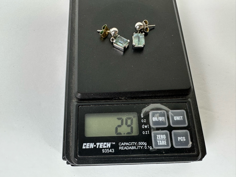 18K Gold Aquamarine Earrings With Silver (Non-Gold) Balls Dangle Backs 2.9g [Photo 10]