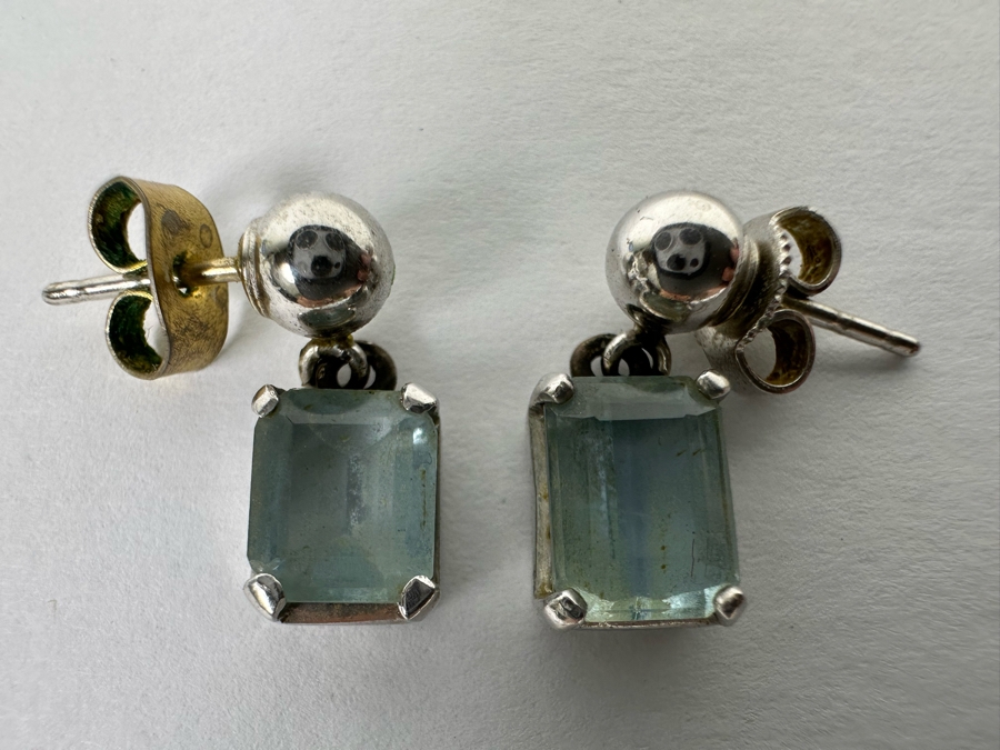 18K Gold Aquamarine Earrings With Silver (Non-Gold) Balls Dangle Backs 2.9g [Photo 9]