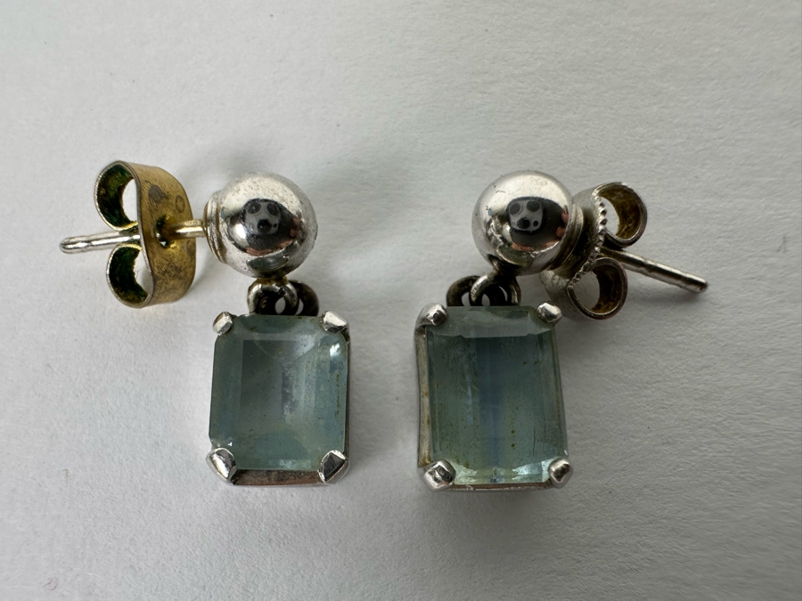 18K Gold Aquamarine Earrings With Silver (Non-Gold) Balls Dangle Backs 2.9g [Photo 8]