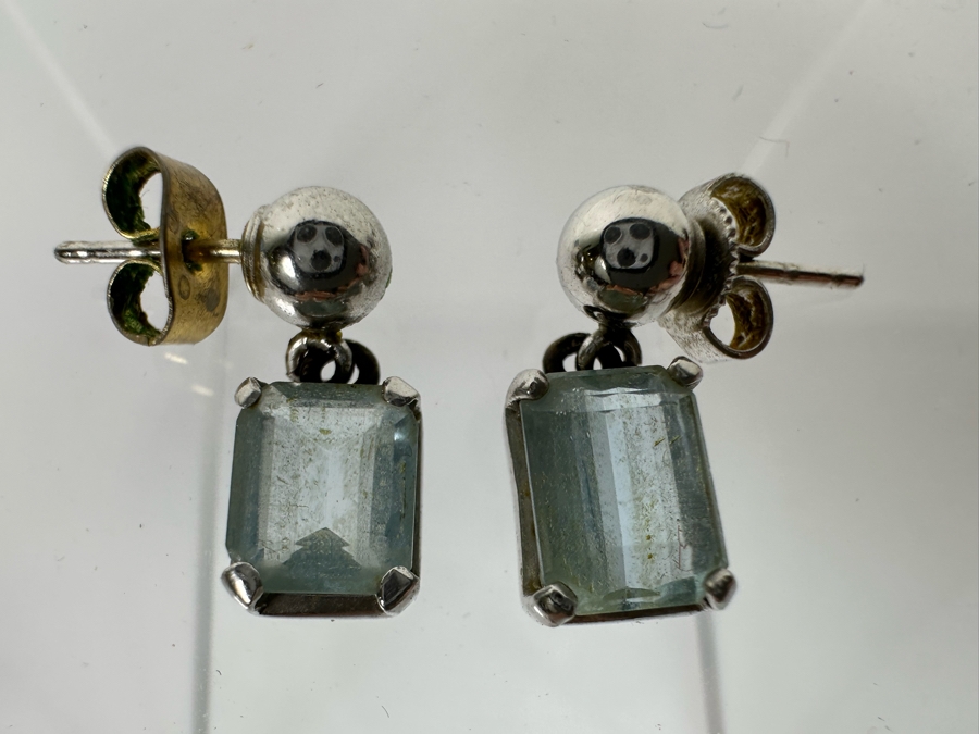 18K Gold Aquamarine Earrings With Silver (Non-Gold) Balls Dangle Backs 2.9g [Photo 5]