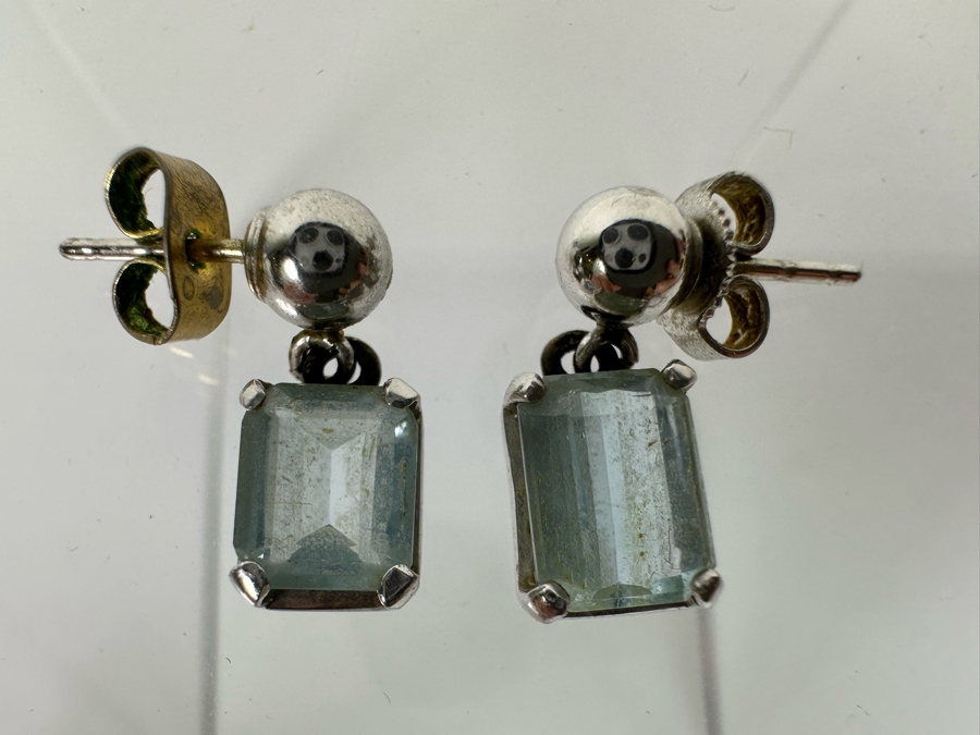 18K Gold Aquamarine Earrings With Silver (Non-Gold) Balls Dangle Backs 2.9g [Photo 2]