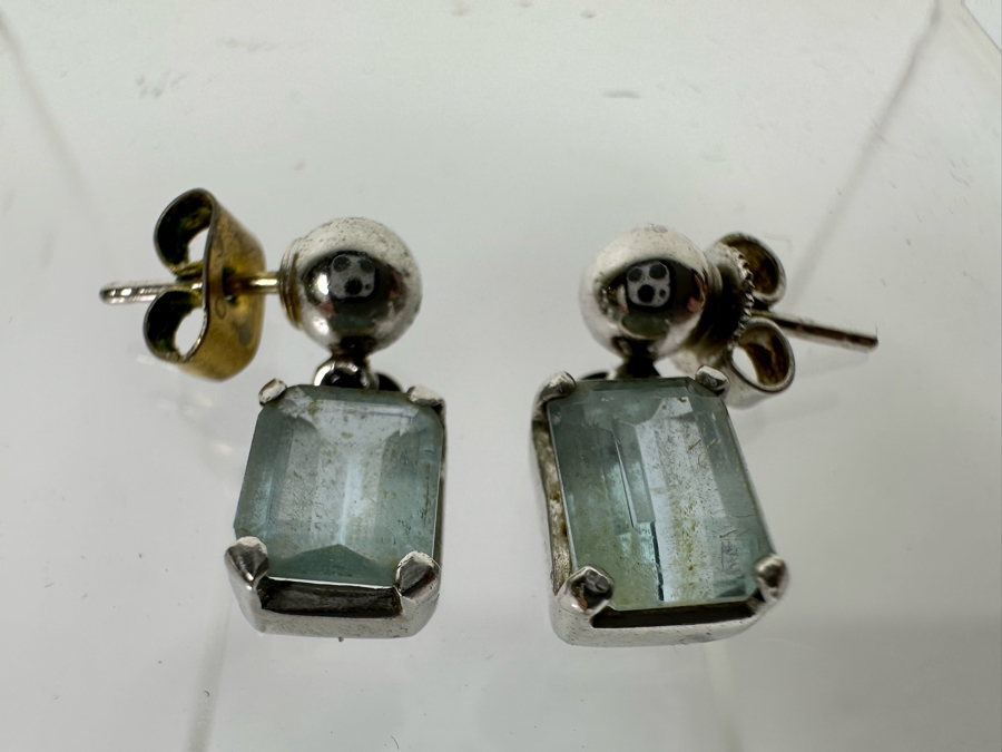 18K Gold Aquamarine Earrings With Silver (Non-Gold) Balls Dangle Backs 2.9g [Photo 4]