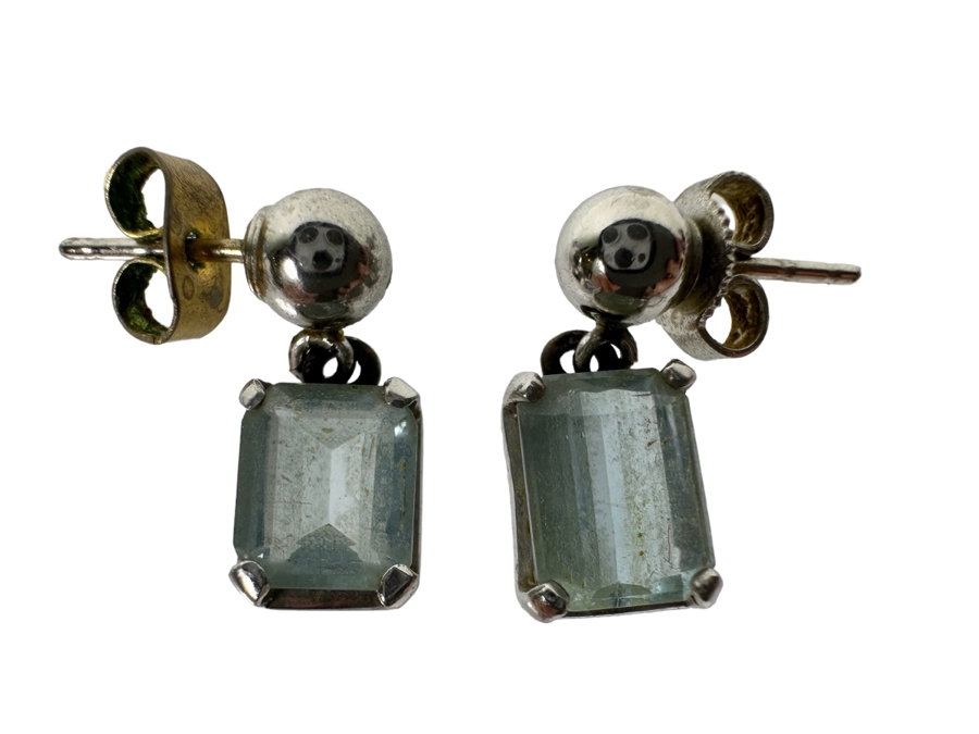 18K Gold Aquamarine Earrings With Silver (Non-Gold) Balls Dangle Backs 2.9g [Photo 1]
