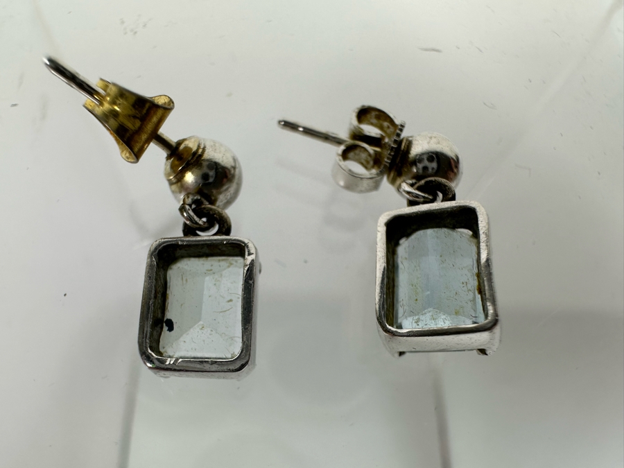 18K Gold Aquamarine Earrings With Silver (Non-Gold) Balls Dangle Backs 2.9g [Photo 6]
