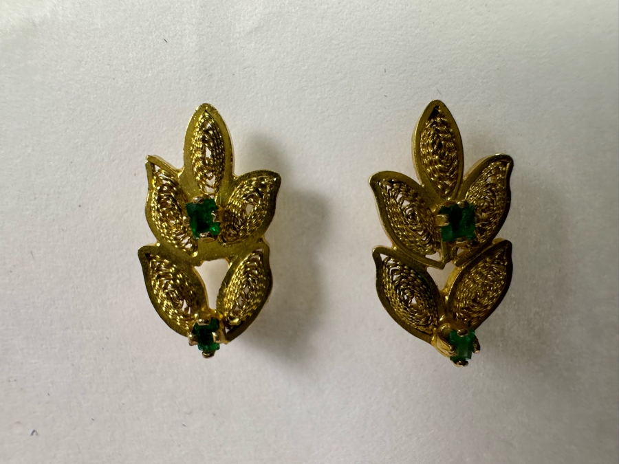 18K Gold Emerald Earrings 2.1g [Photo 2]