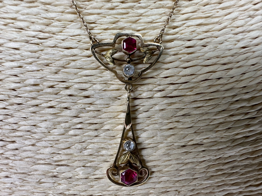 14K Gold Synthetic Red & White Spinel 16' Lavalier Necklace 3.6g [Photo 6]