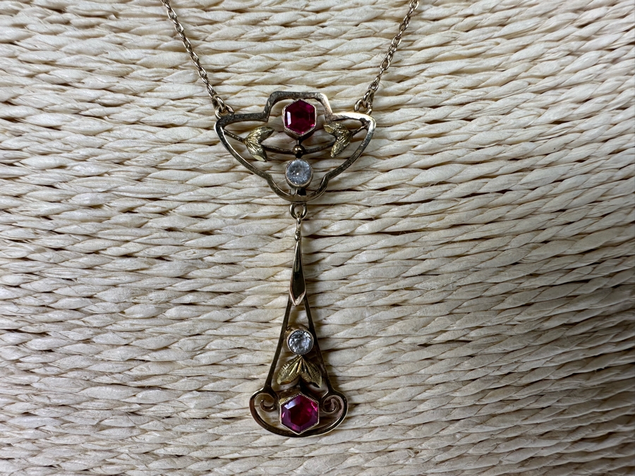 14K Gold Synthetic Red & White Spinel 16' Lavalier Necklace 3.6g [Photo 7]