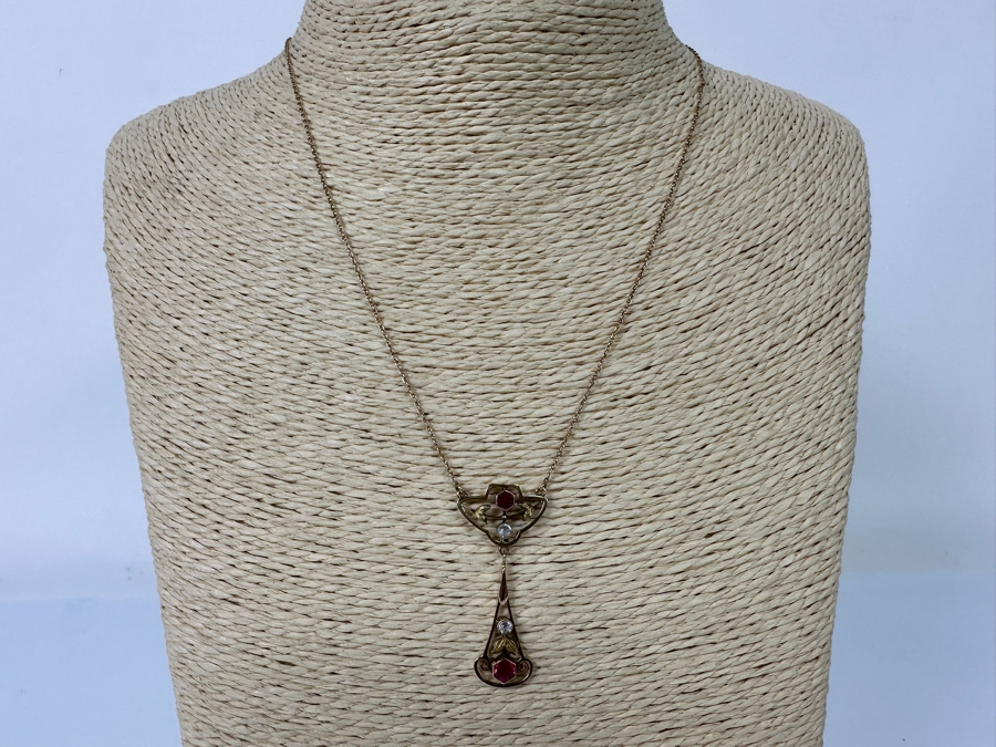 14K Gold Synthetic Red & White Spinel 16' Lavalier Necklace 3.6g [Photo 4]