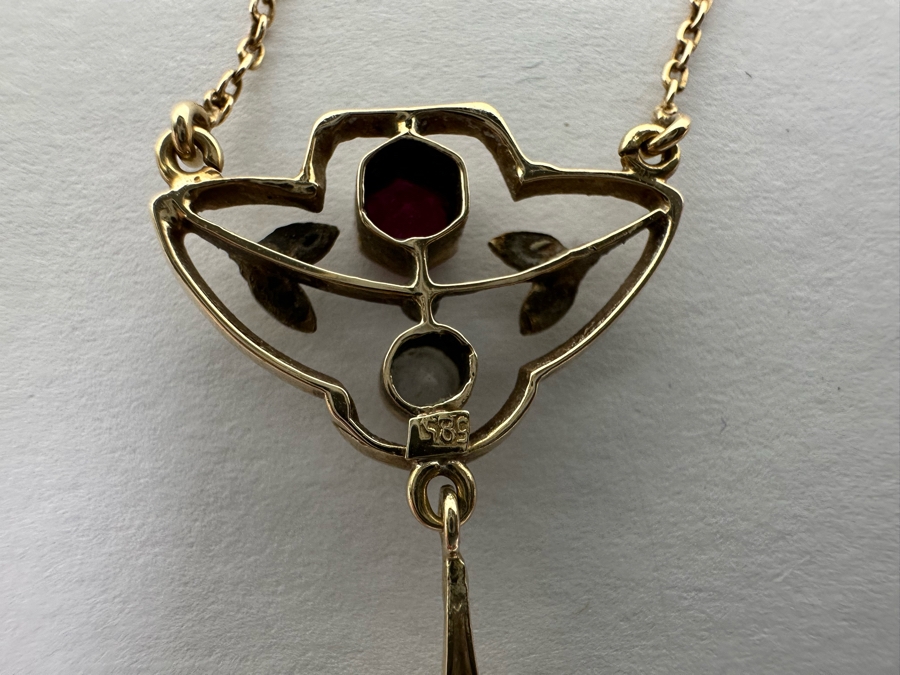 14K Gold Synthetic Red & White Spinel 16' Lavalier Necklace 3.6g [Photo 13]