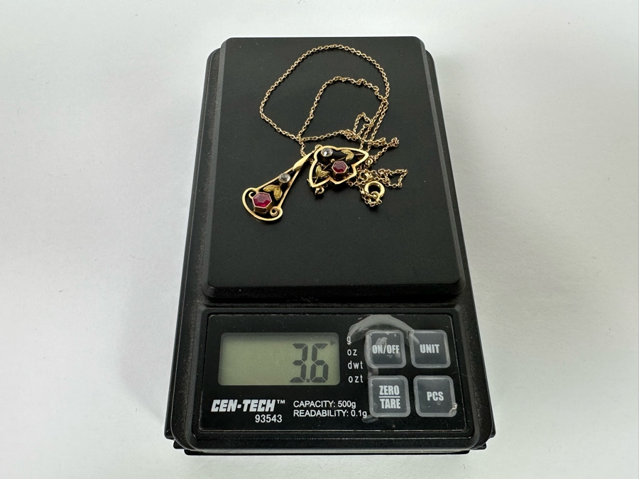 14K Gold Synthetic Red & White Spinel 16' Lavalier Necklace 3.6g [Photo 15]