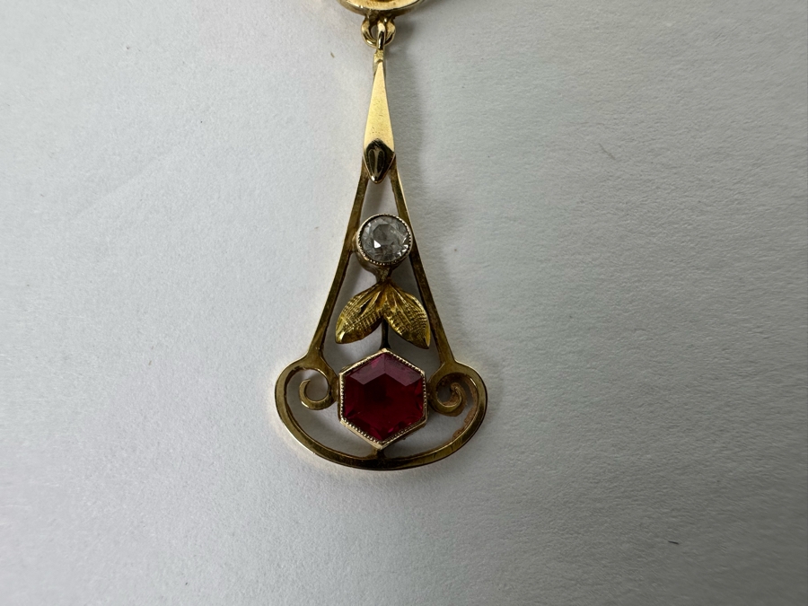 14K Gold Synthetic Red & White Spinel 16' Lavalier Necklace 3.6g [Photo 10]