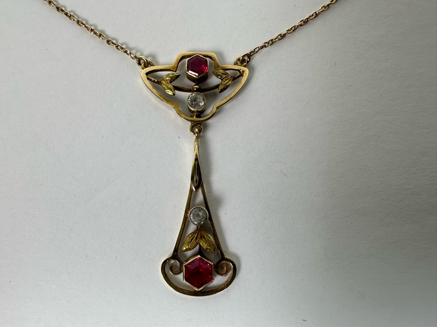 14K Gold Synthetic Red & White Spinel 16' Lavalier Necklace 3.6g [Photo 9]
