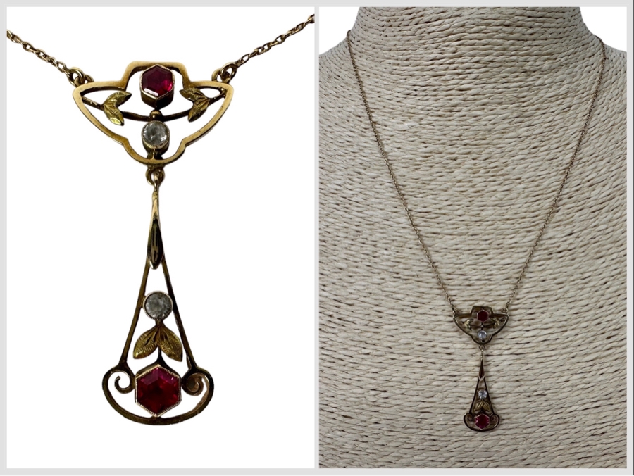 14K Gold Synthetic Red & White Spinel 16' Lavalier Necklace 3.6g [Photo 1]