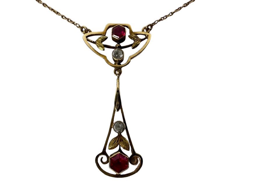 14K Gold Synthetic Red & White Spinel 16' Lavalier Necklace 3.6g [Photo 2]