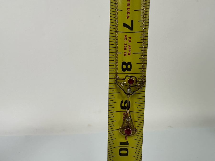 14K Gold Synthetic Red & White Spinel 16' Lavalier Necklace 3.6g [Photo 14]