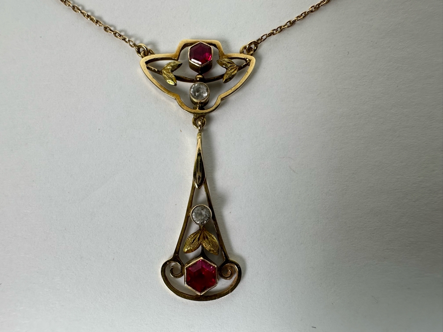 14K Gold Synthetic Red & White Spinel 16' Lavalier Necklace 3.6g [Photo 8]
