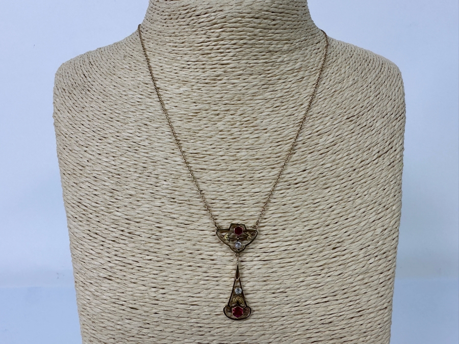 14K Gold Synthetic Red & White Spinel 16' Lavalier Necklace 3.6g [Photo 5]