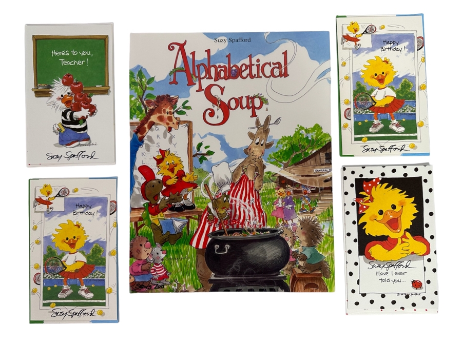 Signed Suzy Spafford Book Alphabetical Soup And Four Signed Suzy Spafford Greeting Cards