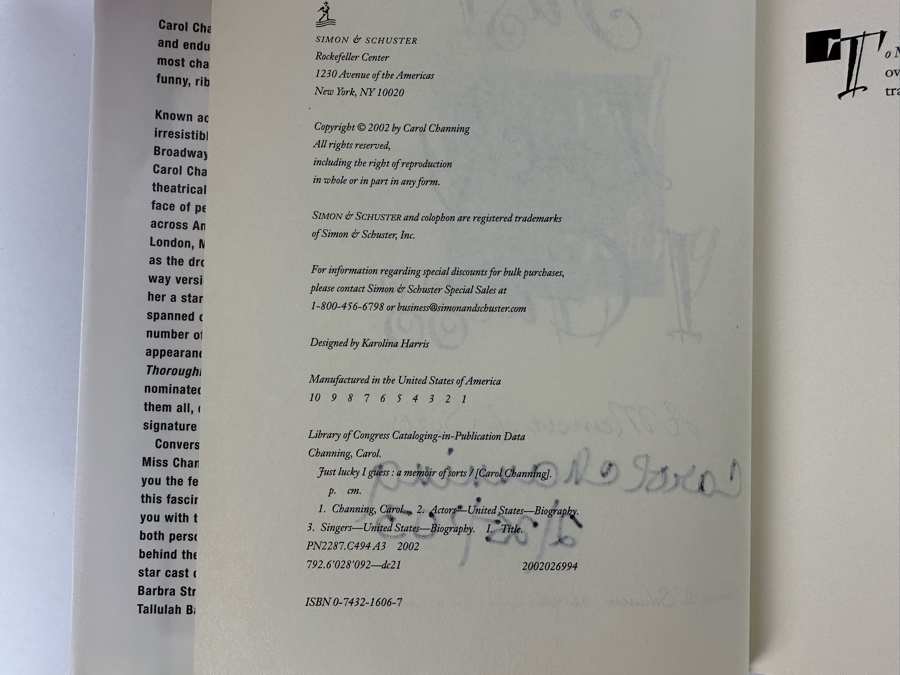 Signed First Edition Hardcover Book Just Lucky I Guess A Memoir Of Sorts Signed By Carol Channing 2002 [Photo 8]