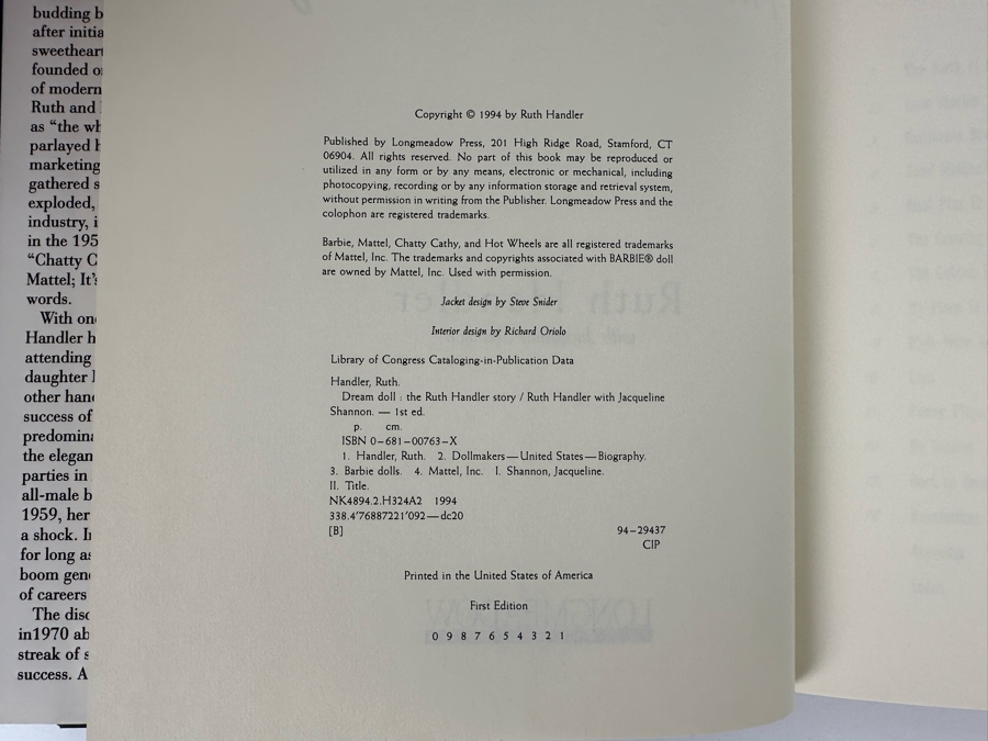 Signed Hardcover Book Dream Doll The Ruth Handler Story The Rollercoaster Life Story Of A Business Genius - Founder Of Mattel, Creator Of Barbie Signed By Ruth Handler With Photo Of Her Signing The Book Signed 'Barbie's Mom' [Photo 13]