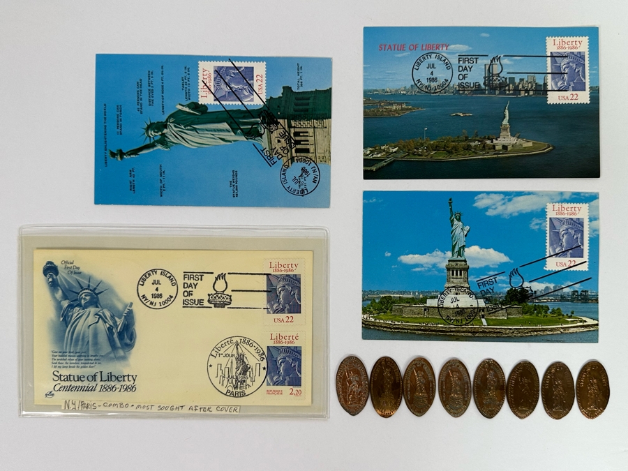 Statue Of Liberty First Day Covers Stamps And Eight Vintage Statue Of Liberty Rolled Pennies [Photo 2]