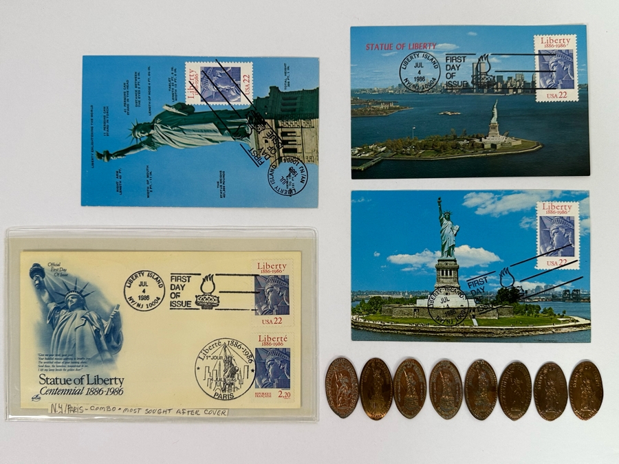 Statue Of Liberty First Day Covers Stamps And Eight Vintage Statue Of Liberty Rolled Pennies [Photo 3]