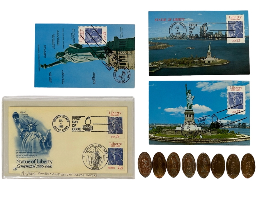 Statue Of Liberty First Day Covers Stamps And Eight Vintage Statue Of Liberty Rolled Pennies [Photo 1]