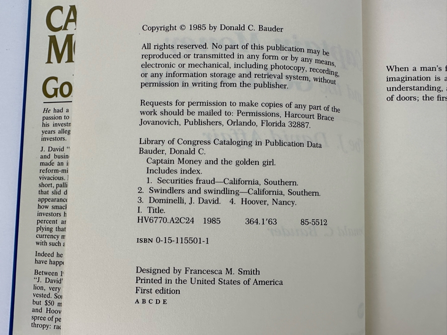 Signed First Edition Book Captain Money And The Golden Girl The J. David Affair Signed By Donald C. Bauder 1985 [Photo 9]