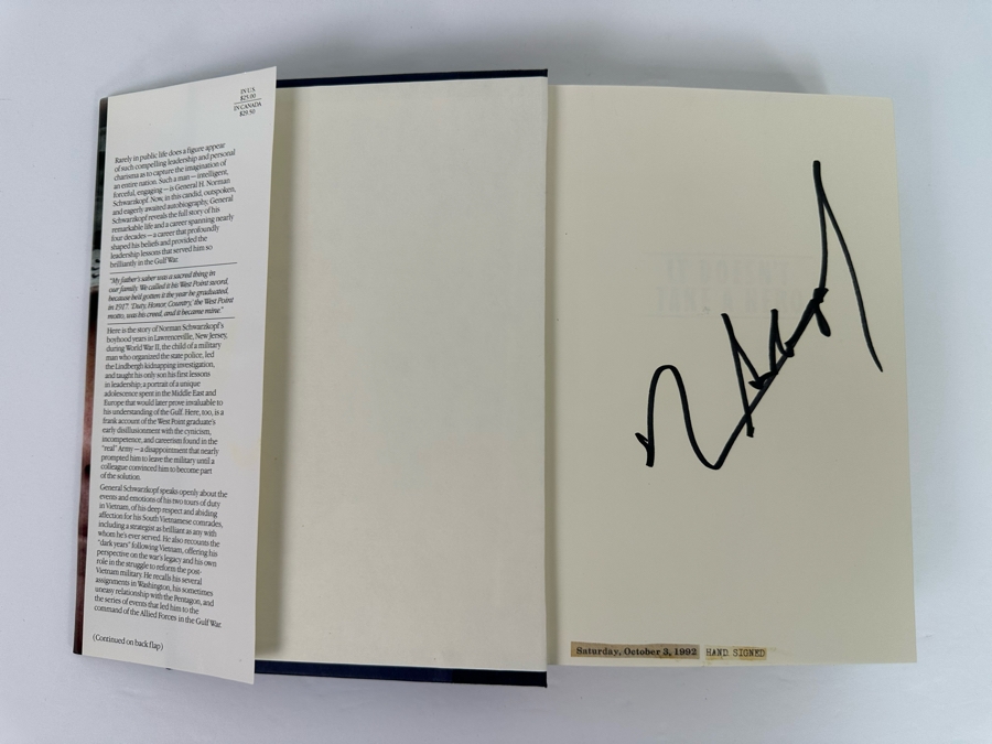 Signed First Edition Hardcover Book General H. Norman Schwarzkopf The Autobiography It Doesn't Take A Hero Signed By General H. Norman Schwarzkopf 1992 [Photo 6]