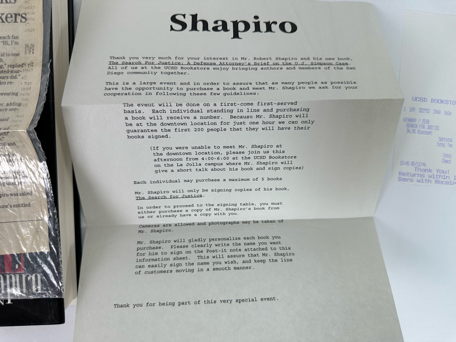 Signed First Edition Hardcover Book The Search For Justice A Defense Attorney's Brief Of The O.J. Simpson Case By Robert L. Shapiro Signed 'The System Works 5/13/96' 1996 [Photo 10]