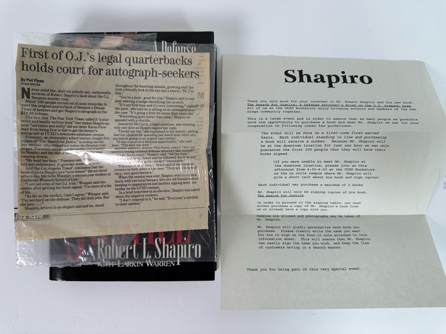Signed First Edition Hardcover Book The Search For Justice A Defense Attorney's Brief Of The O.J. Simpson Case By Robert L. Shapiro Signed 'The System Works 5/13/96' 1996 [Photo 8]