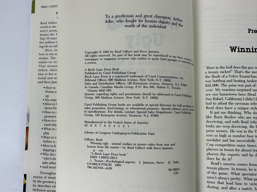 Signed First Edition Hardcover Book Winning Ugly Mental Warfare In Tennis - Tales From The Tour And Lessons From A Master Signed By Brad Gilbert 1993 [Photo 9]