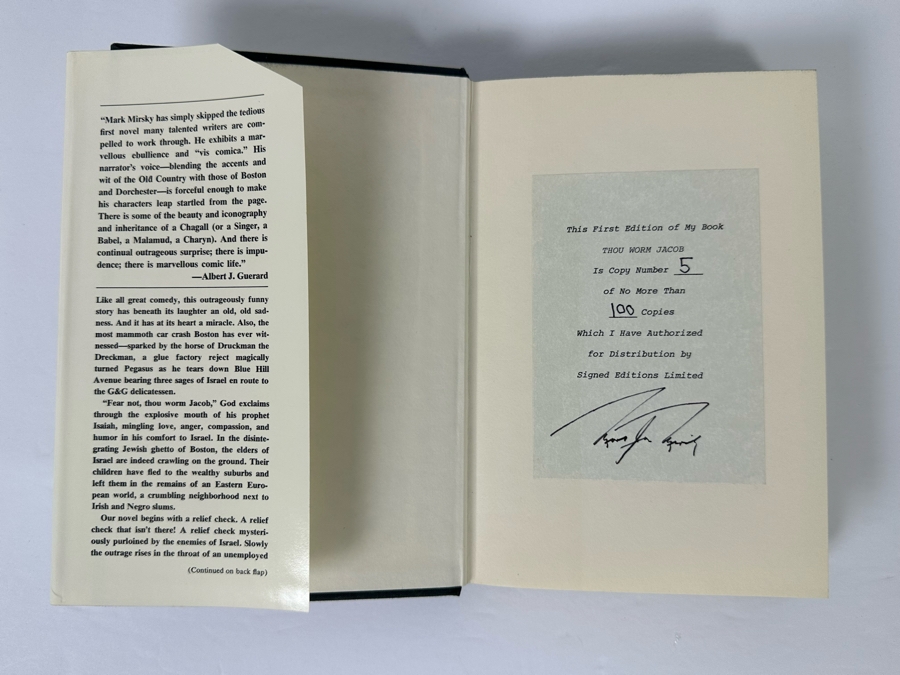 Signed Limited Edition First Priting Hardcover Book Thou Worm Jacob By Mark Mirsky A Novel Of Blue Hill Avenue, Boston Signed By Mark Jay Mirsky Numbered 5 Of 100 1967 [Photo 5]