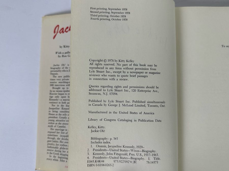 Signed First Edition Hardcover Book Jackie Oh! Signed By Kitty Kelley 1978 [Photo 9]