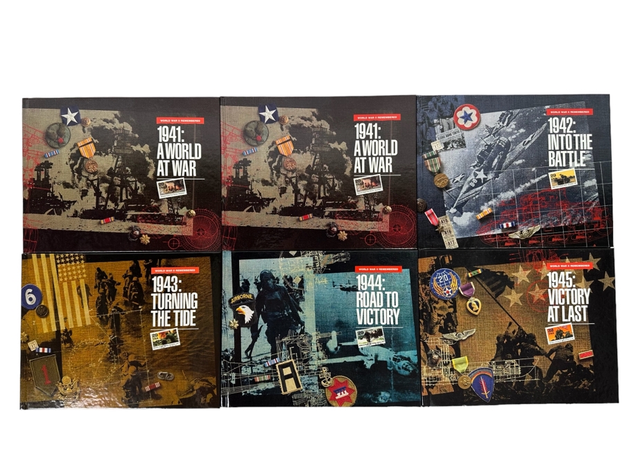 Four World War II Stamp Hardcover Books With Mint Stamps 1941-1943 & Two 1944 & 1945 Stamp Books Without Stamps [Photo 1]