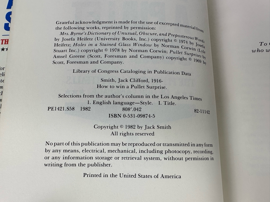 Signed First Edition Hardcover Book How To Win A Pullet Surprise The Pleasures And Pitfalls Of Our Language Signed By Jack Smith 1982 [Photo 8]