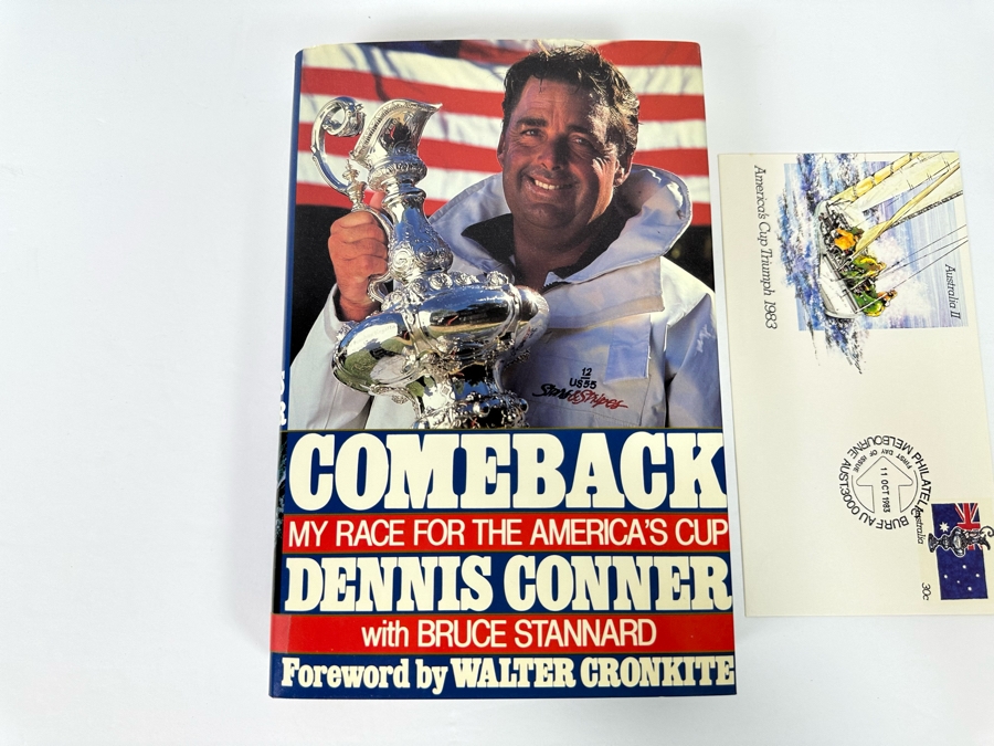 Signed First Edition Hardcover Book Comeback My Race For The America's Cup Signed By Dennis Conner With Pair Of America's Cup First Day Stamp Covers [Photo 4]