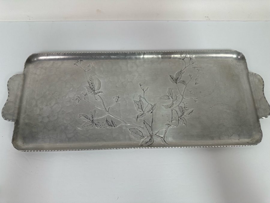 Hand Forged Everlast Metal Serving Tray With Handles Floral Relief Design 20W X 7.5D [Photo 2]