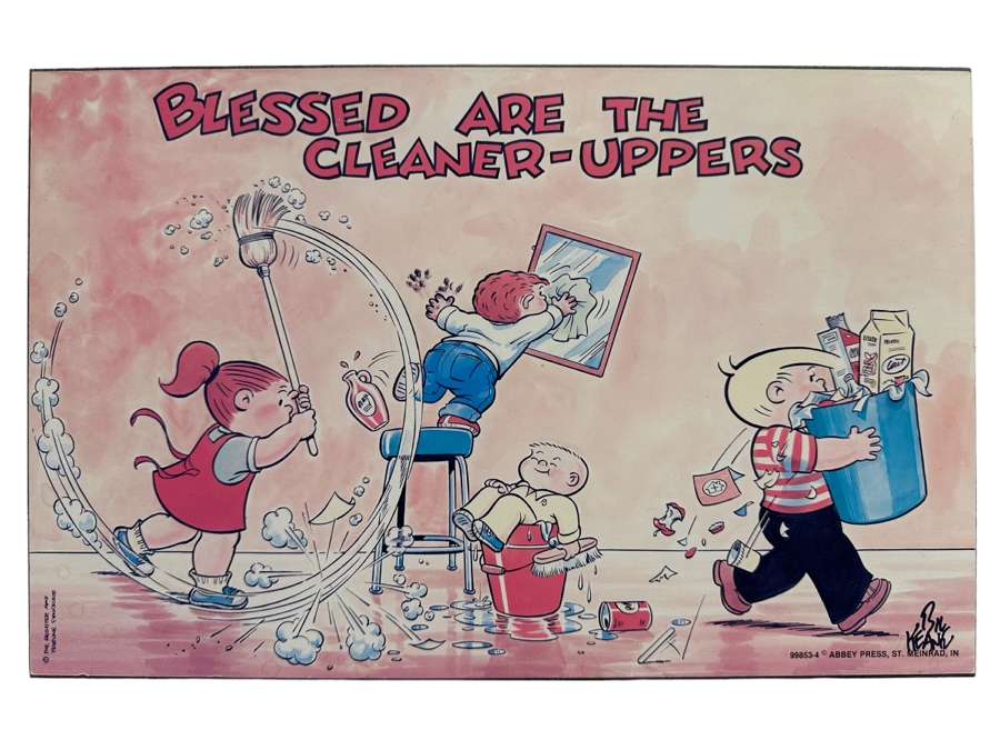 Signed Bil Keane Cartoonist For Family Circus Charming Wall Plaque Blessed Are The Cleaner-Uppers Signed Lower Right 14 X 9 [Photo 1]