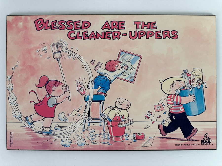 Signed Bil Keane Cartoonist For Family Circus Charming Wall Plaque Blessed Are The Cleaner-Uppers Signed Lower Right 14 X 9 [Photo 2]