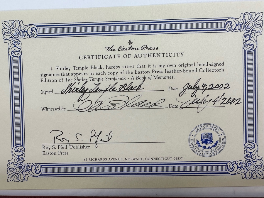 Signed Leather-Bound Hardcover Easton Press Book The Shirley Temple Scrapbook A Book Of Memories Personally Signed By Shirley Temple Black With Additional Certificate Of Authenticity Signed By Shirley Temple 2002 [Photo 9]
